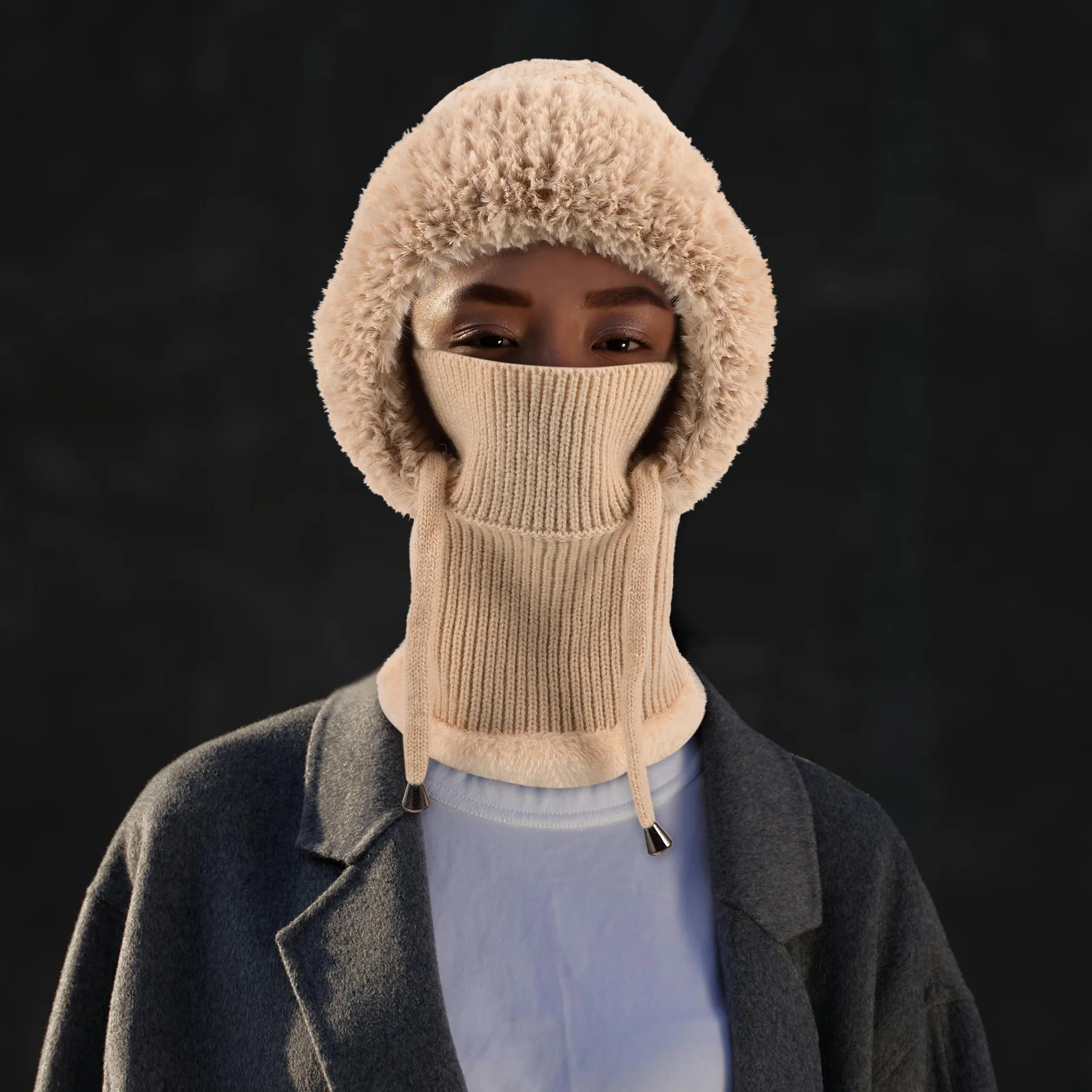 

Thickened Warm Knit Beanie Hat For Women Winter Hooded Scarf Face Mask Soft Acrylic Multifunctional Outdoor Headgear Stylish
