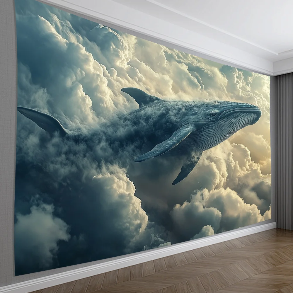 Flying Blue Whale Theme Digital printing polyester wall hanging tapestry decorative Living room bedrooms Office background gift