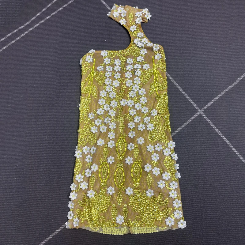 ゴールドラインストーンフラワージャズダンスドレス女性祝うパーティードレスステージキャットウォーク衣装歌手のイブニングドレス XS10061