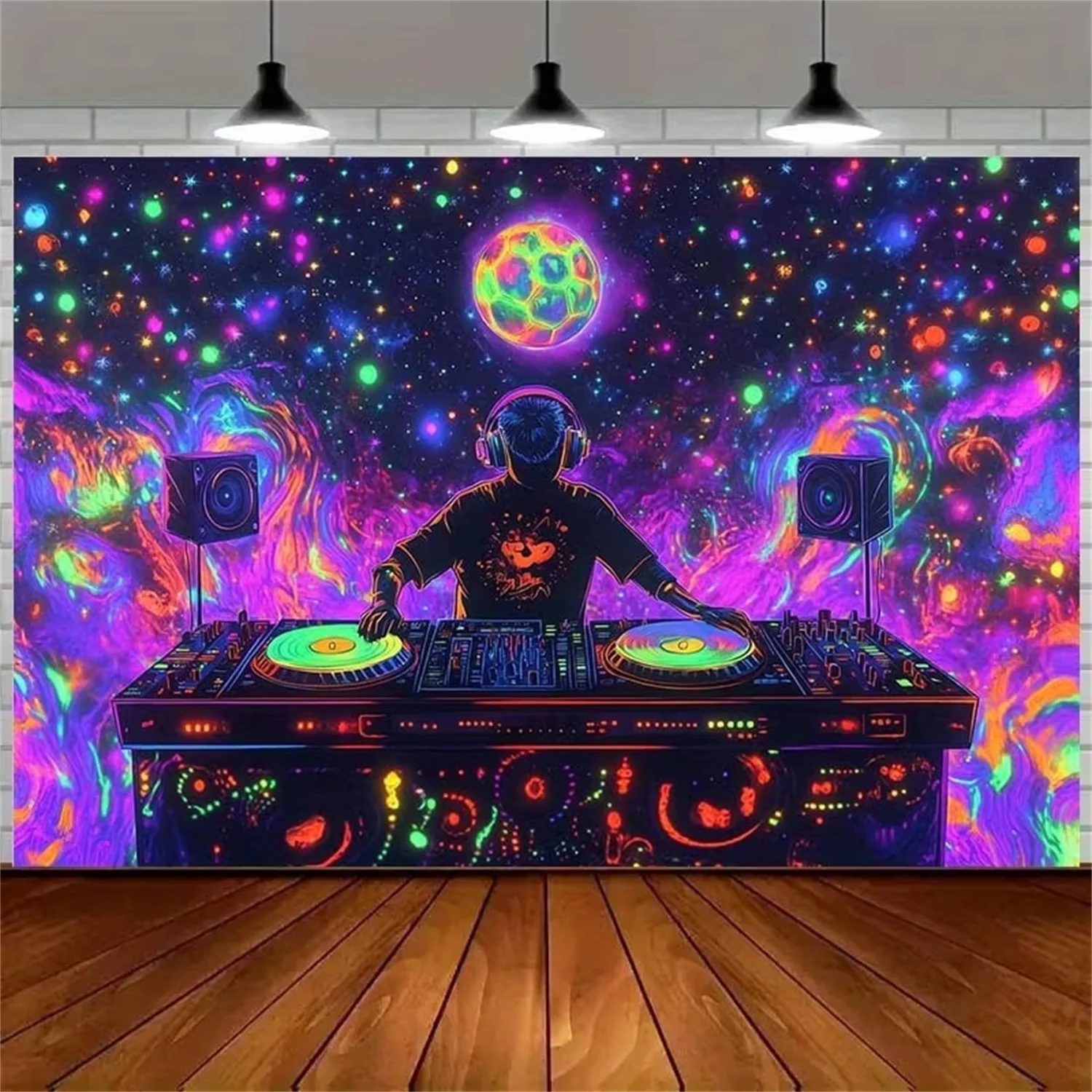 Schwarzlicht-Wandteppich, DJ im Universum, Neonlicht-Wandteppich, leuchtet im Dunkeln, UV-reaktive Wandbehang, Schlafzimmer, Zuhause, Party-Dekoration