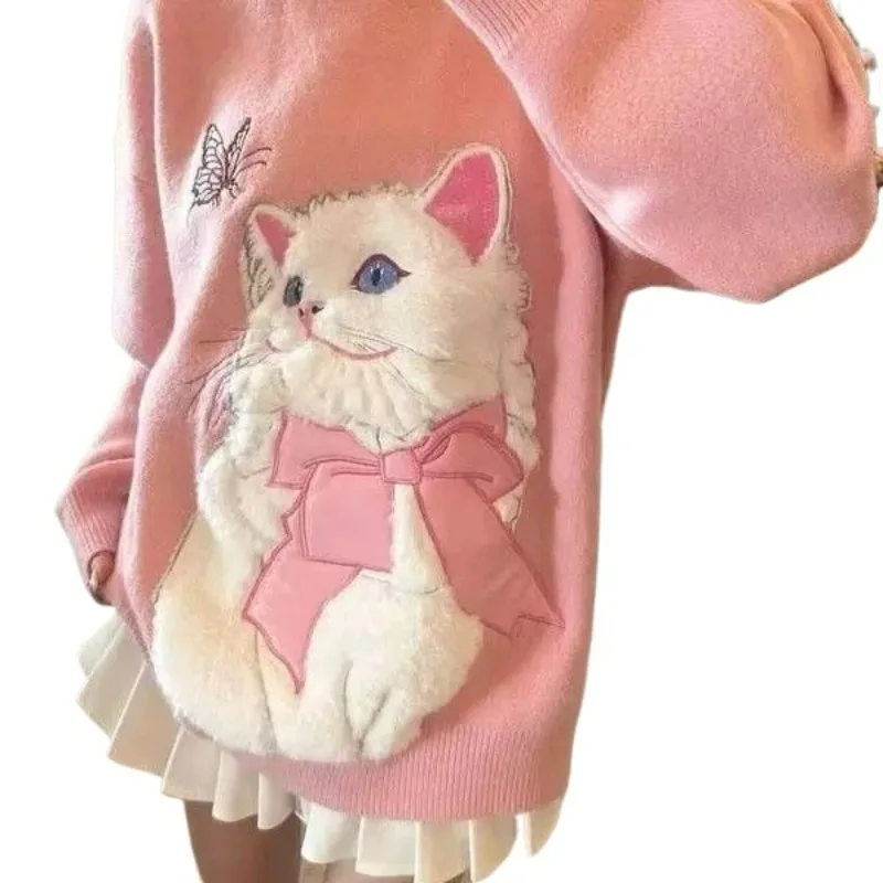 

Fall/Winter Sweater Women's Trend New Fall/Winter Pure Color Dopamine Wear with Salt Cute Flocking Cat Design Sweet Sister Style