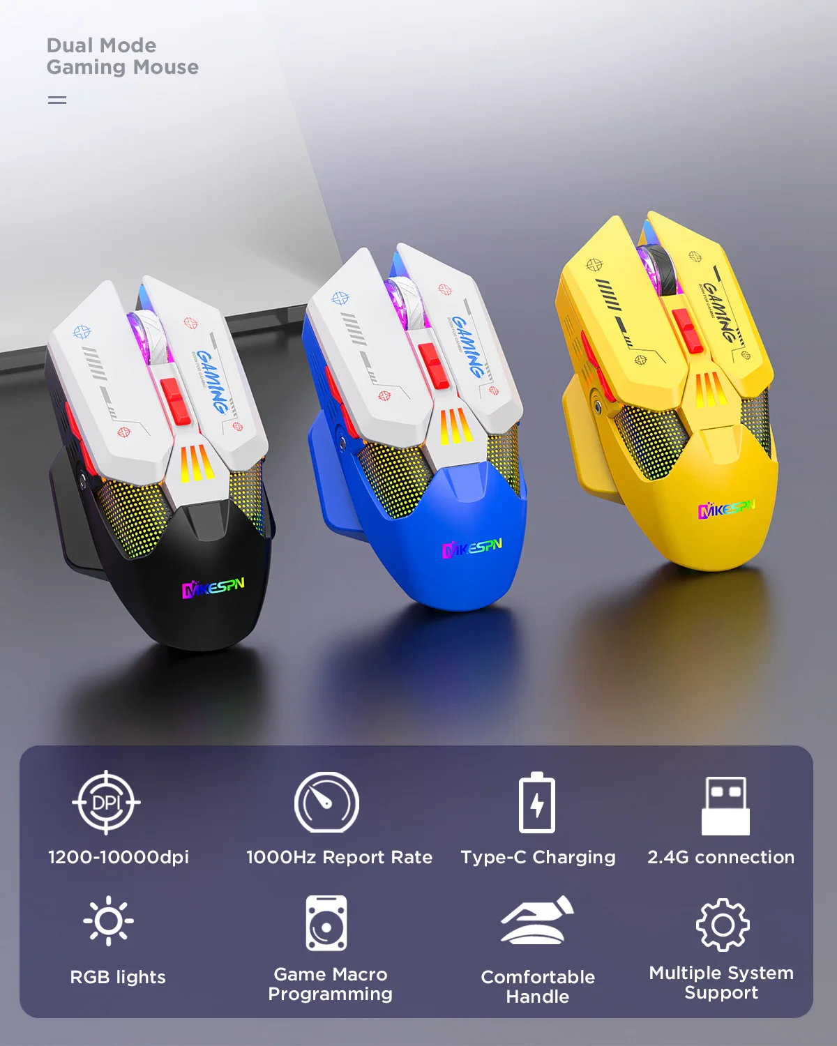 Wireless 2.4G Dual Modes Mouse 10000DPI Macro RGB Gaming Mouse 450mAh Programmable Keys Rechargeable Game Mouse