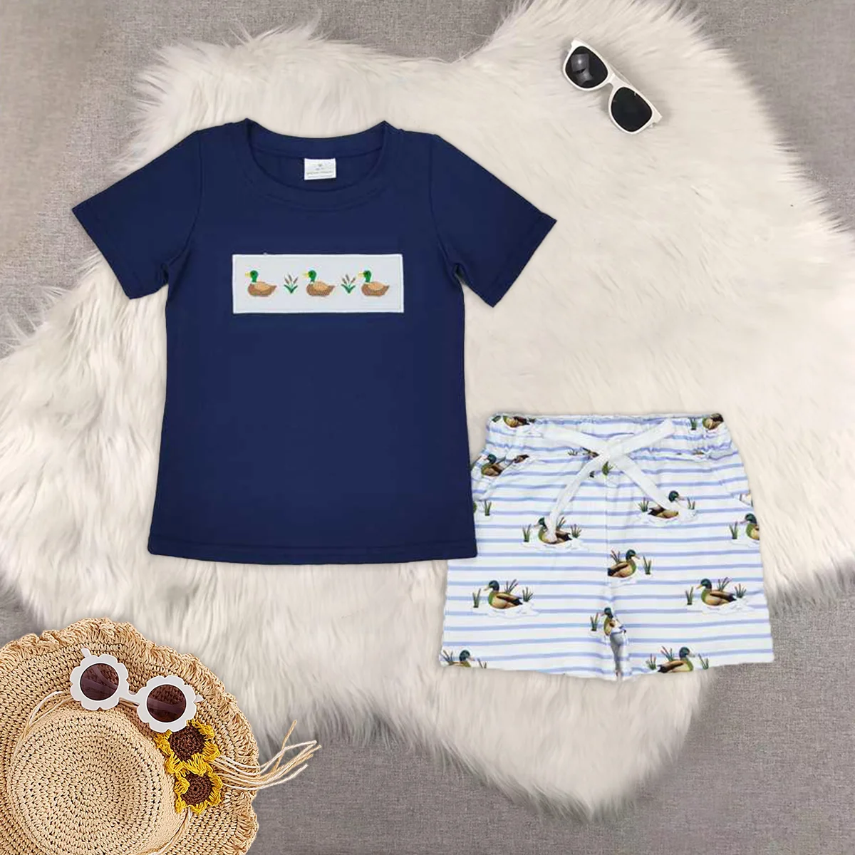 

Baby Boys Ducks Short Sleeve Tee Shirts Tops Stripes Shorts Clothes Sets
