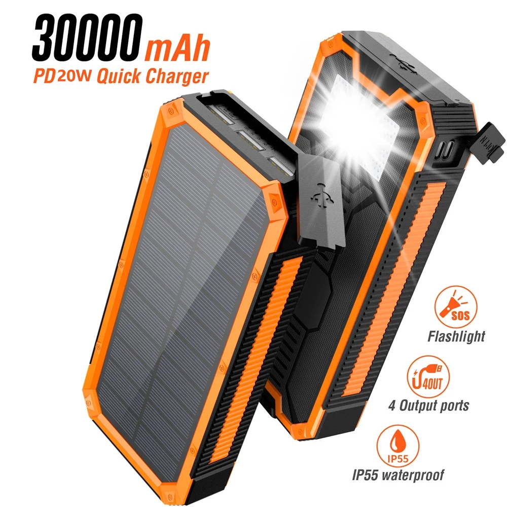 Waterproof Solar Power Bank 30000mAh with Camping Light 20W PD Two-Way Fast Charging Powerbank for iPhone Huawei Xiaomi Samsung