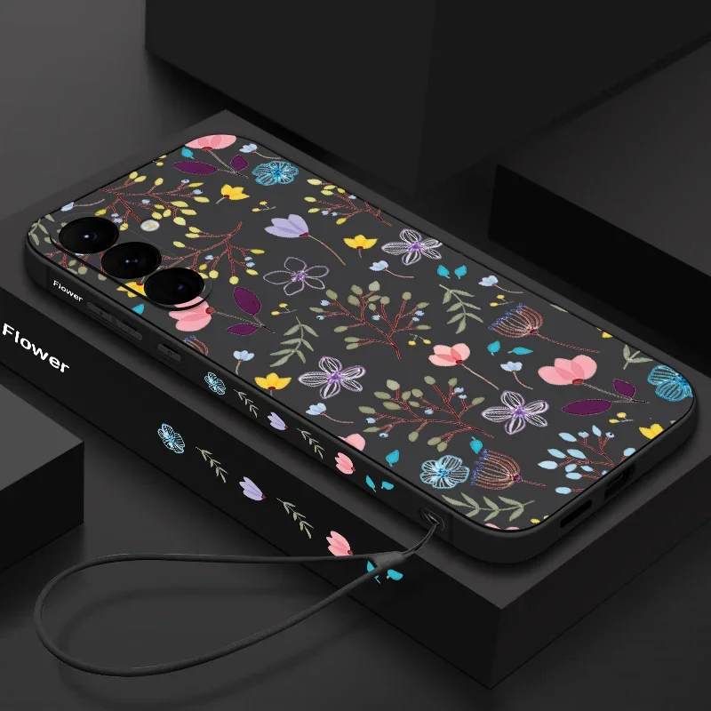 Luxury Flower Print Lanyard Case For Samsung Galaxy A55 A54 5G A35 A25 A15 A14 A34 A52 S21 FE S22 S23 S24 Ultra Silicone Cover