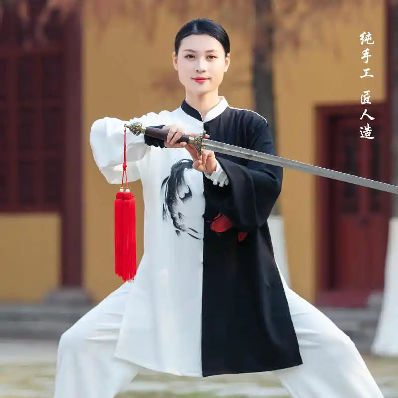 New Style Flowy Hand-Painted Fish Tai Chi Uniform for Women, Medium-Long Length Performance Suit for Men, Martial Arts Performan