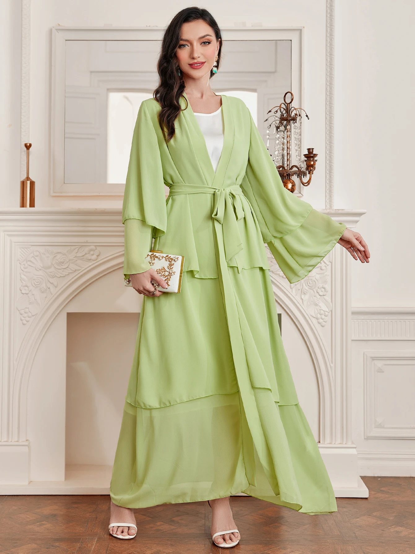Ramadan kebaya Layered Open Front Abaya, Long Sleeve Dress With Belted , Without Hijab, Women\'s Clothing