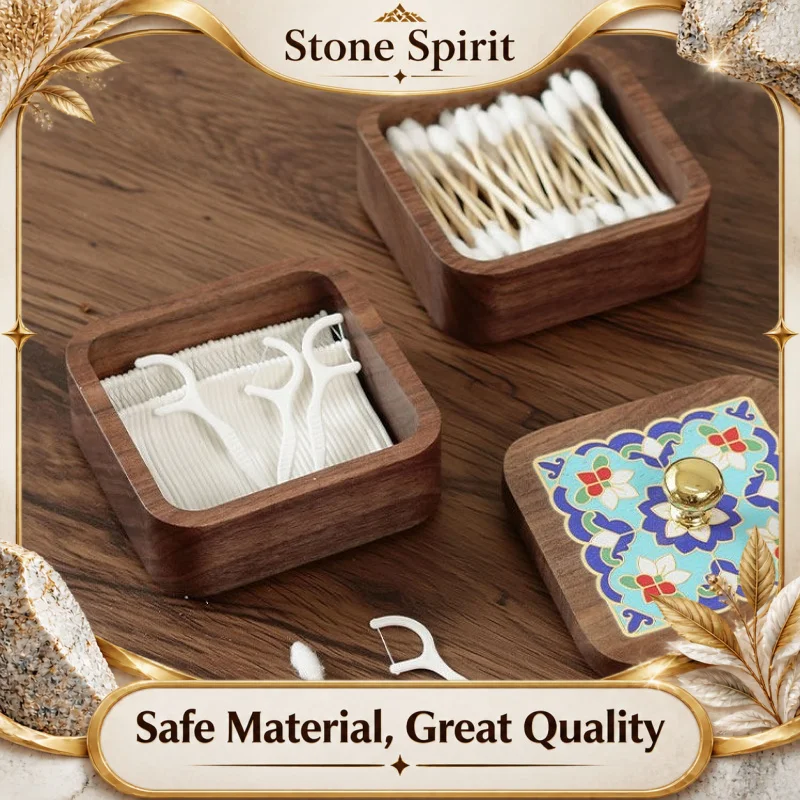 Hand Painted Walnut Toothpick Box, Chinese Style Dental Floss Cotton Swab Holder, Wooden Organizer for Dining Table Home Decor
