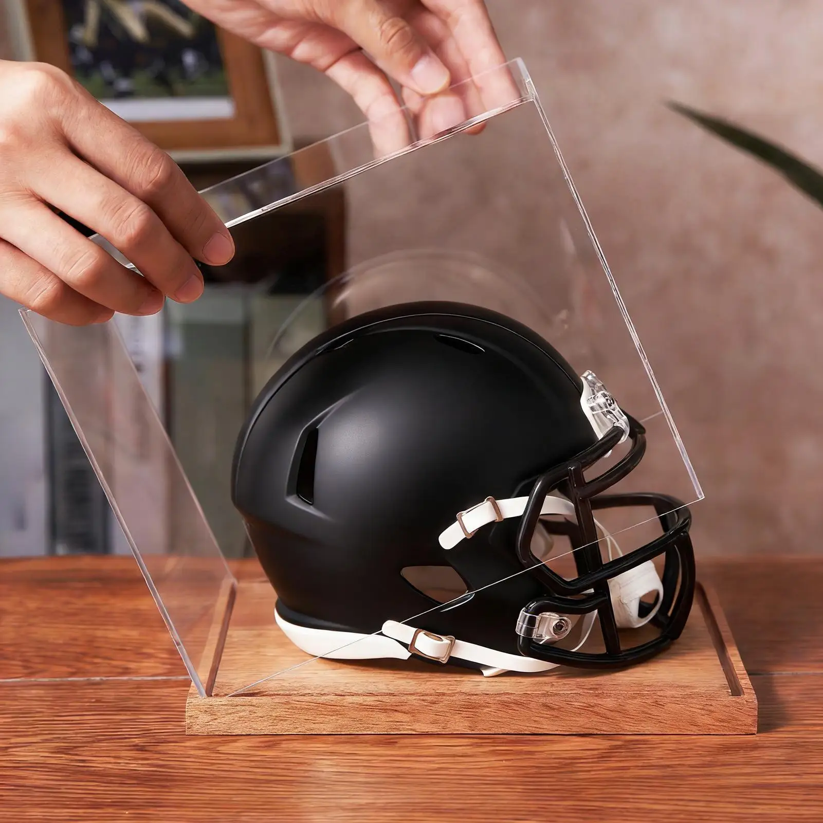 

Football Helmet Case Clear Organizer With Wooden Stand Full Size Football Helmet Display Case For Sports Collectibles Baseball