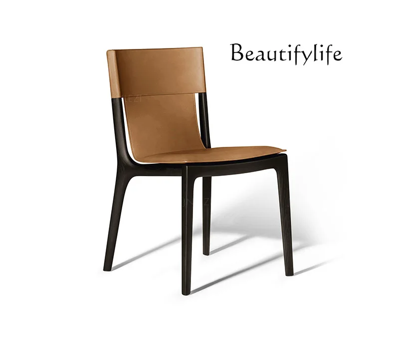 

Italian minimalist saddle leather dining chair high-end light luxury Nordic home solid wood chair