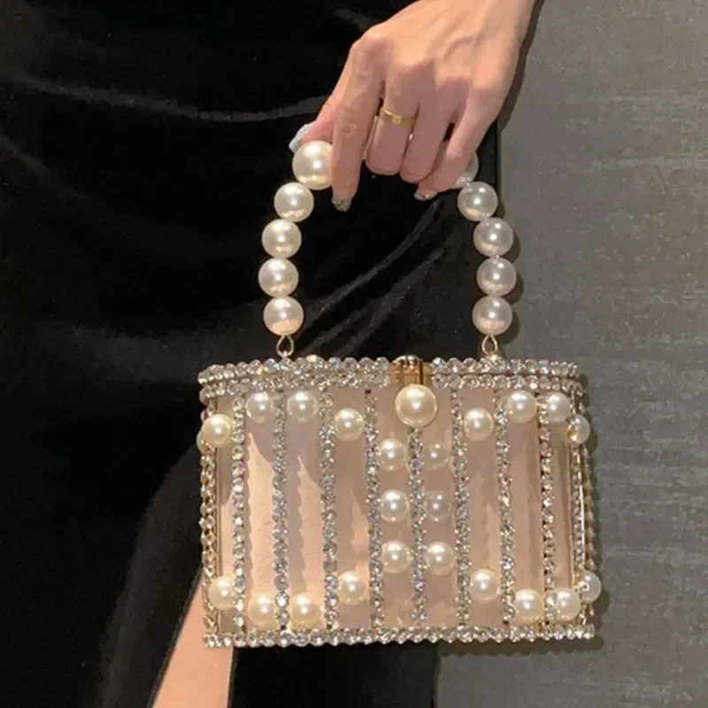 Crystal Evening Clutch Bags Women Glitter Pearl Handbag Boutique Handmade Bling Rhinestone Metal Cage Purses Handbags Wedding