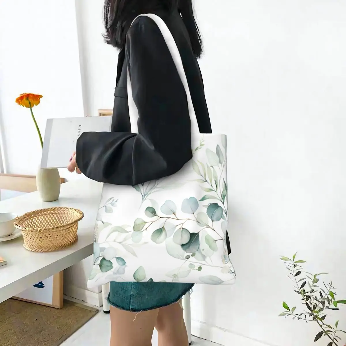 Watercolor Floral Green Leaves Canvas Tote Bag Fashion Large Capacity Grocery Bag for Unisex Romantic Flowers School Bags