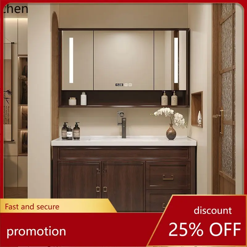 

CZ Oak Simple Modern Smart Bathroom Cabinet Mirror Cabinet Set Lacquered Solid Wood Washroom Sink Ceramic