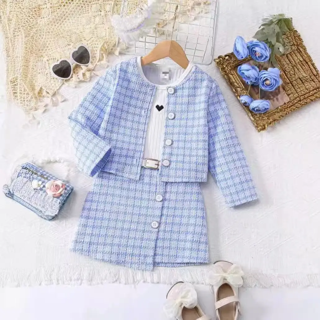 

Комплект для девочек из 2 предметов: твидовый жакет с длинным рукавом и платье в клетку, модный детский наряд, 2 комплекта для роста 90-130 см