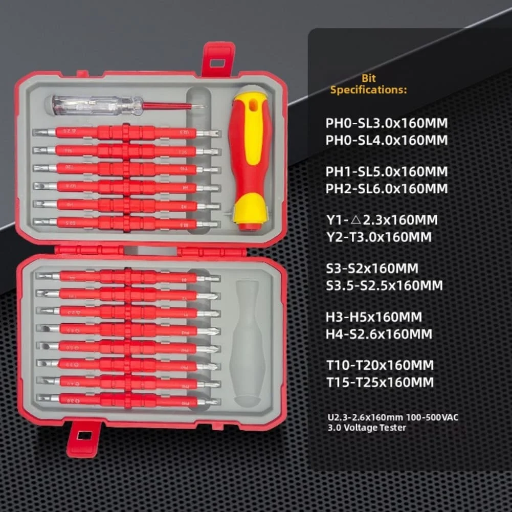 29-in-1 Insulated Driver Kit with Tapered Shaft Design for Accessing Tight Spaces in Junction Boxes and Control Panels