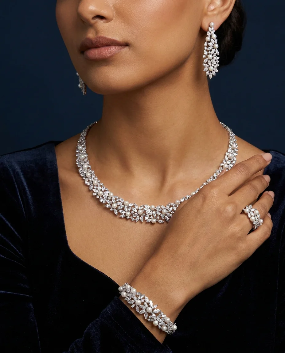 Bride Talk Pearl Bridal Jewelry Set 4PCS Floral Leaf CZ Zirconia Necklace Set for Women Dubai Wedding Party Gift