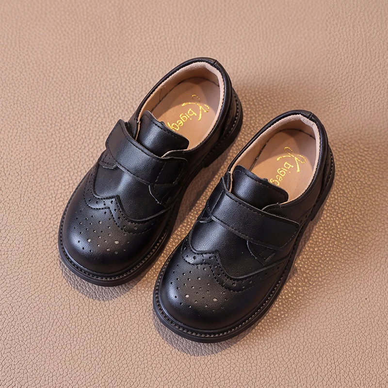 Kids Leather Shoes Hook Loop Rubber Sole Boys Girls Black School Uniform Shoes Children Formal Performance Shoes Non Slip
