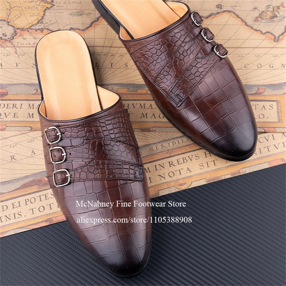 

Leather Crocodile Double Buckle Slippers Embossing Slip on Mules Men Casual Shoes for Casual Daily Wear Summer Fashion Plus Size