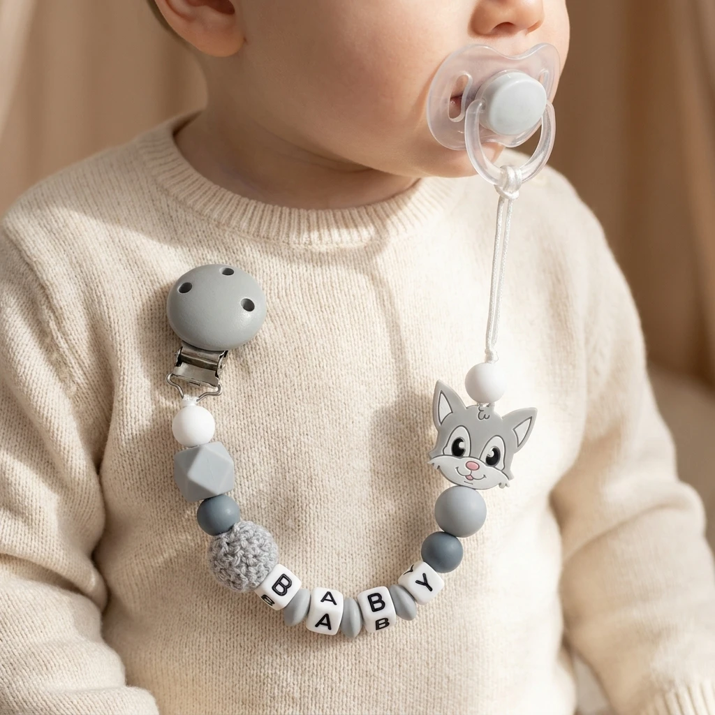 Personalized Baby Pacifier Clip Custom Name Wolf Silicone Teether Chain BPA Free Dummy Holder Newborn Gift