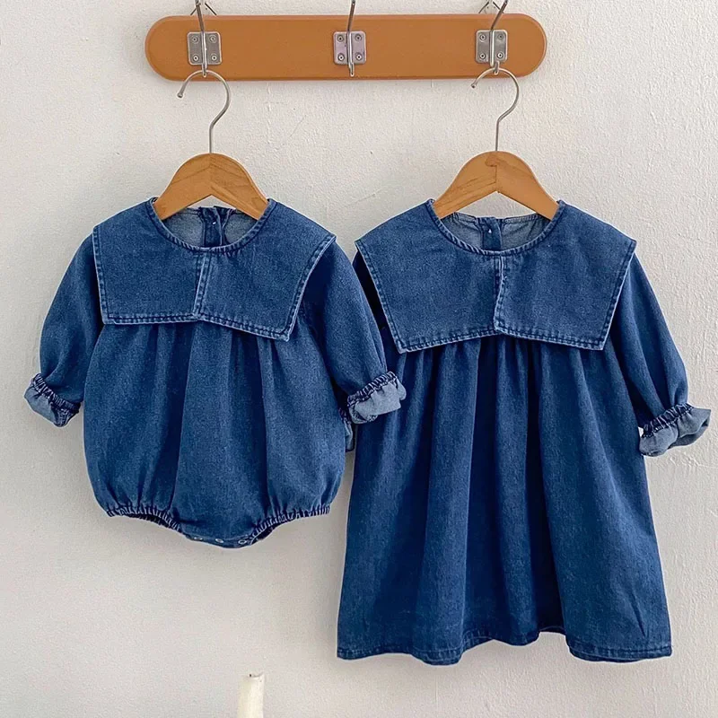 2024 New Autumn Kids Princess Dresses 2-6Yrs Girl Party Dress Long Sleeved Solid Color Denim Baby Girl Romper Children Clothes