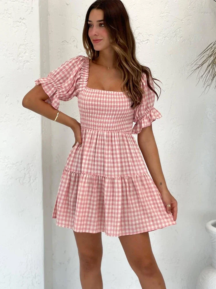 Foridol Square Collar Gingham Printed Women Casual Summer Short Dress Puff Sleeve A-line Pink Cute Fashion Outfit Vestidos