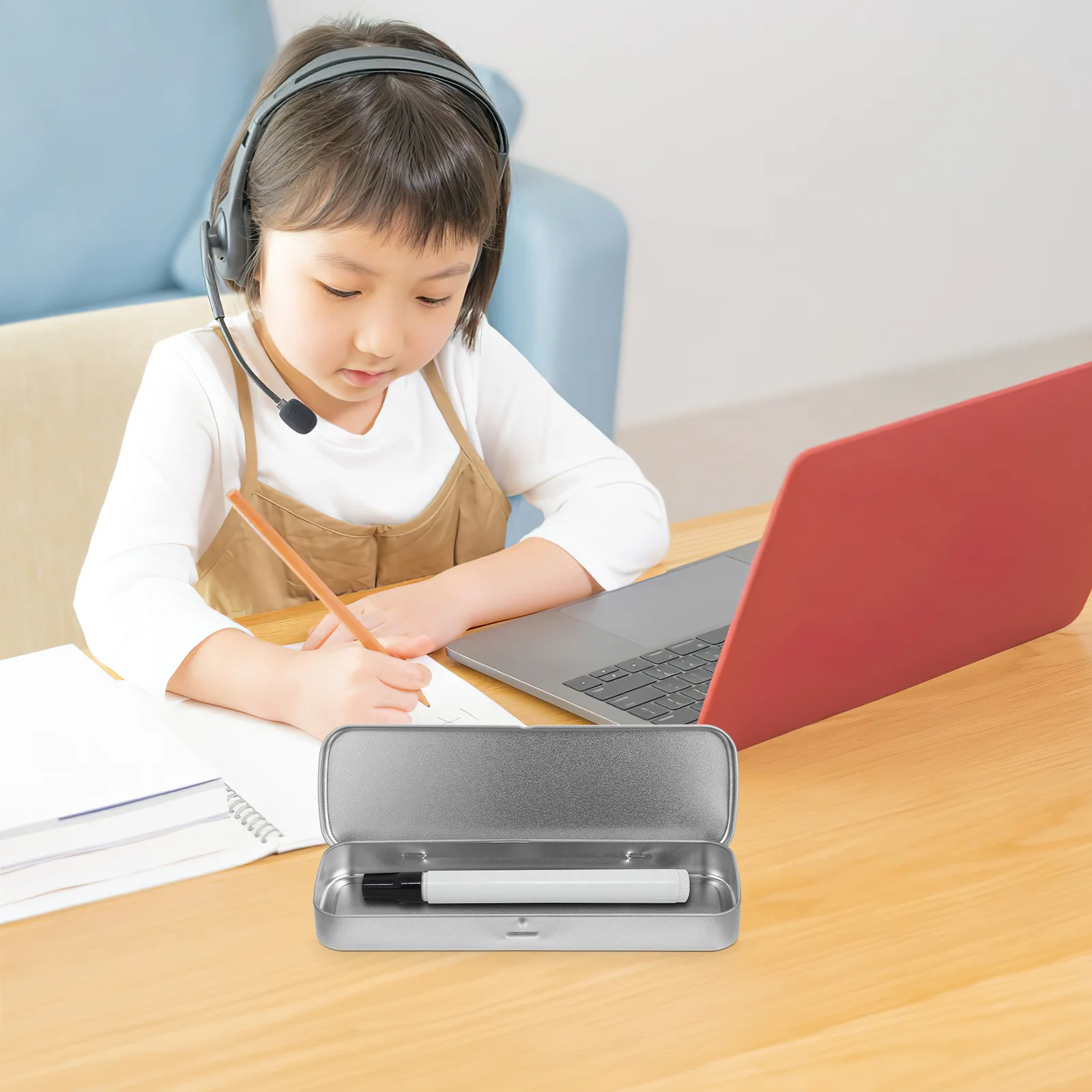 กล่องดินสอโลหะ 5 ชิ้น แบบเหล็กขัดเงา รูปทรงสี่เหลี่ยมผืนผ้า ชั้นเดียว สำหรับนักเรียน อุปกรณ์การเรียน กล่องใส่ปากกาโลหะ