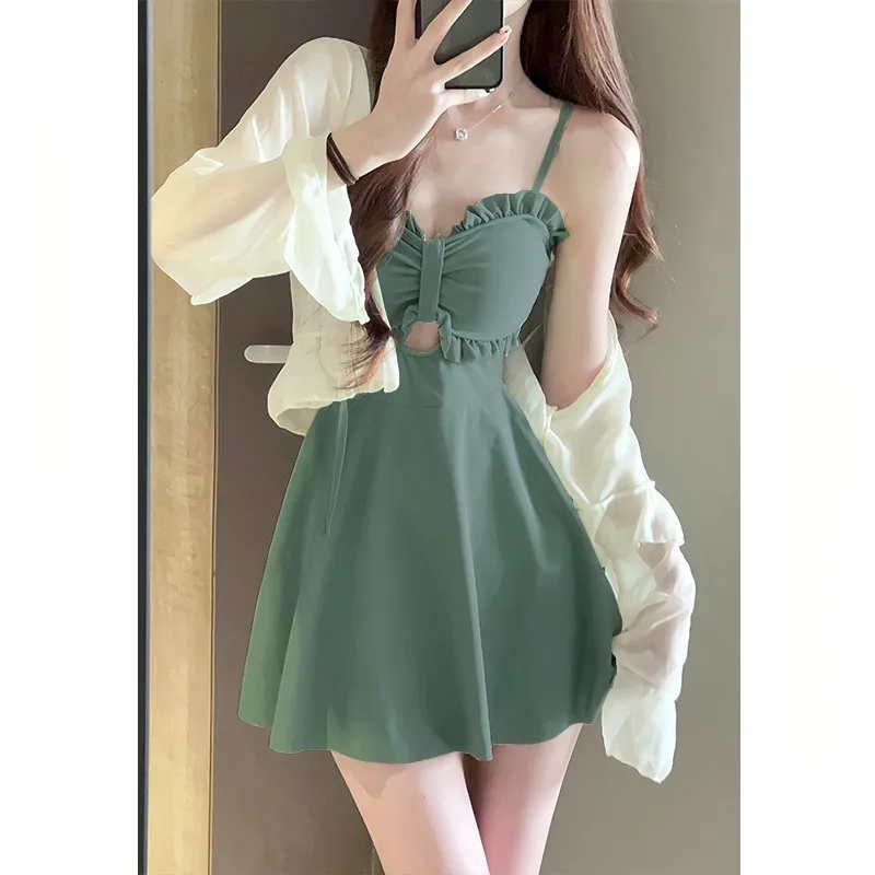 Traje de baño para mujer, novedad de verano 2021, falda conservadora fina de una pieza, traje de baño Sensual de gama alta verde aguacate para primavera