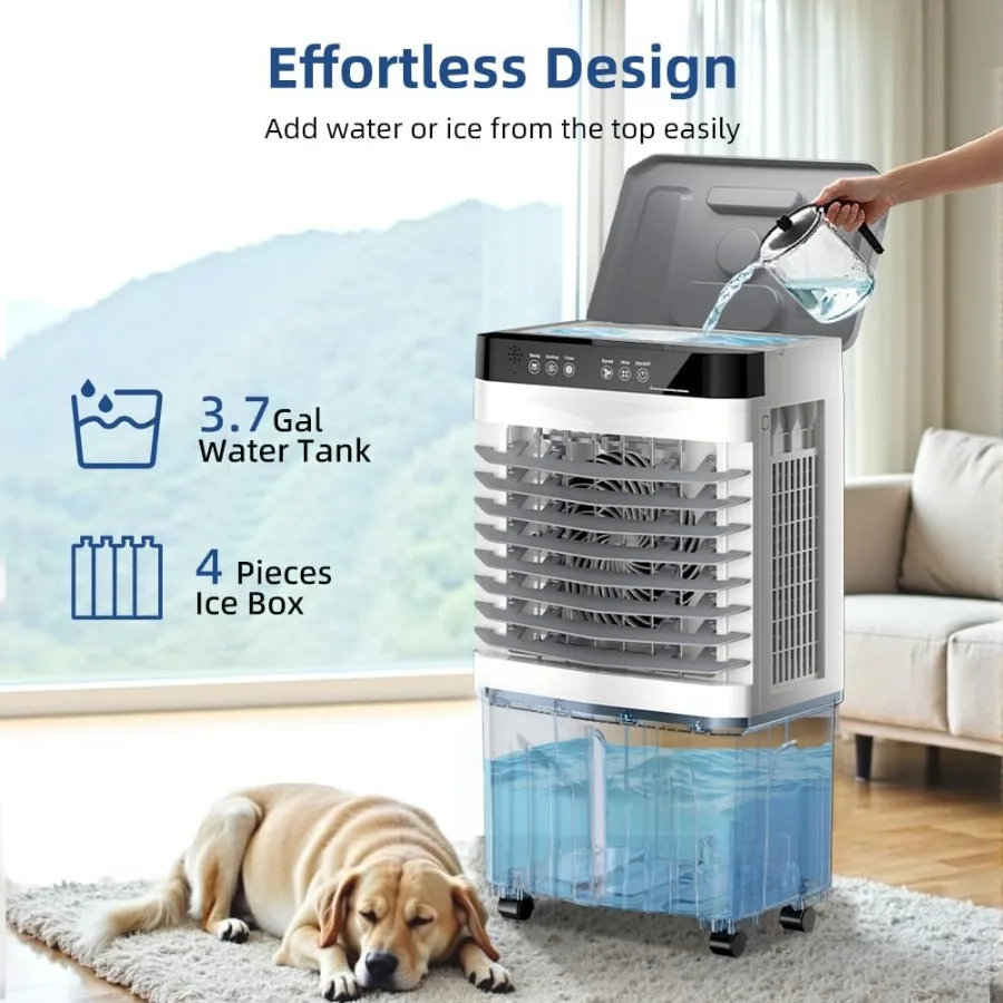휴대용 에어컨, 3.7갤런 물탱크로 최대 12시간 지속 냉방, 조절 가능한 15003000CFM 공기 흐름, 리모컨 포함