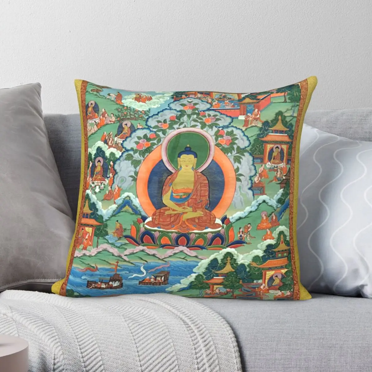 Tibetan Artwork Square Pillowcase Polyester Linen Velvet Pattern Zip Decor Pillow Case Home Cushion Cover 45x45