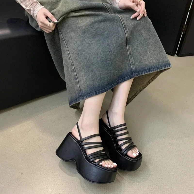 Silver Wedge Sandals Women Platform Shoes Black Belt High Heels Gladiator Chunky Open Toe Sandals Summer Wedges Zapatos De Mujer