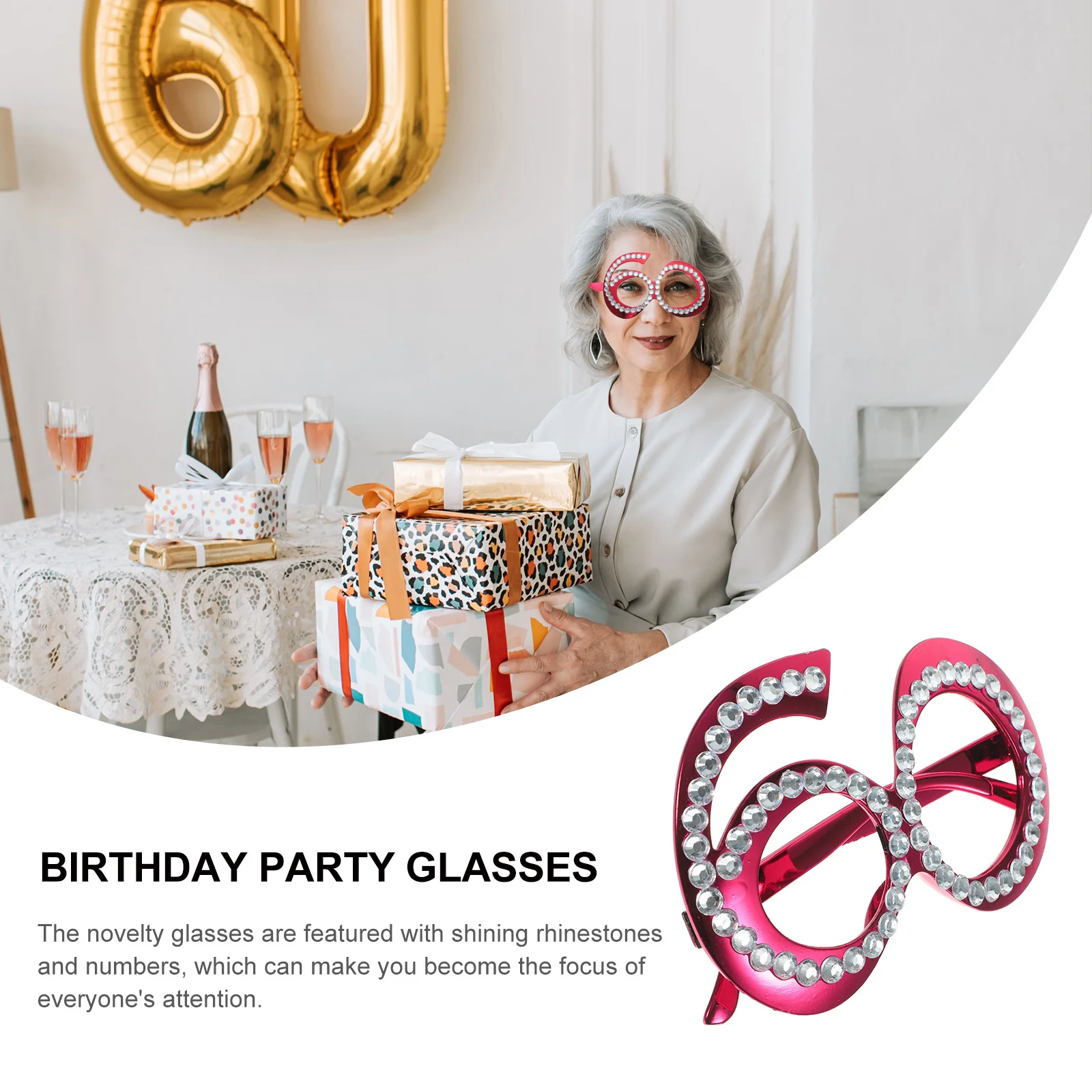

1Pair 60th Birthday Glasses Rhinestone Decor Lightweight Plastic Funny Costume Party Photo Prop 60th Birthday Glasses