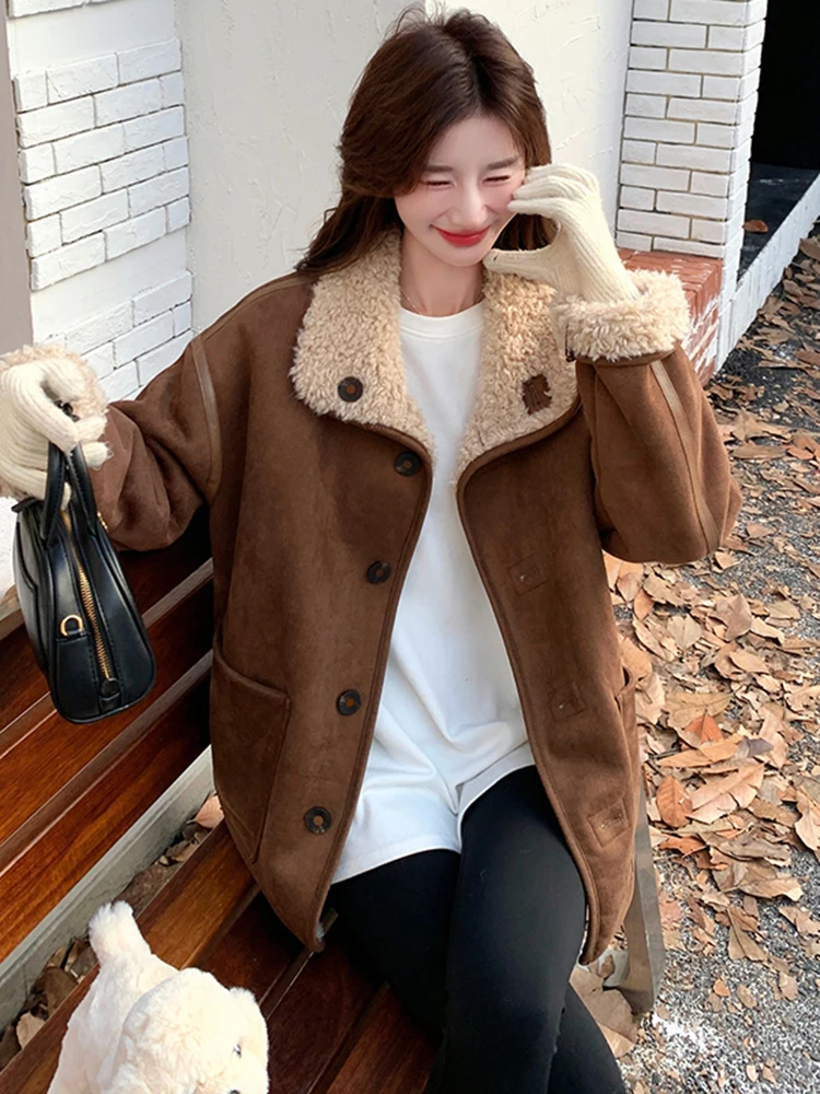 LANMREM Vintage Style Double Sided Fur Jackets Women\'s Winter Warm Contrast Color Single Breasted Coat Fashion New 2VV1838