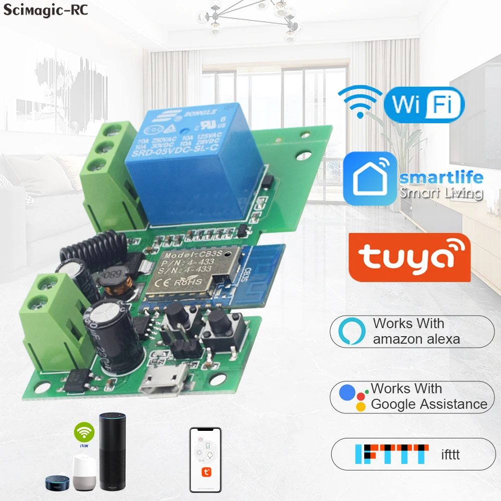 Tuya 4 Channel Smart WiFi Wireless Dry Garage Gate Relay Switch Module,Tuya APP RF Remote Control,Works With Alexa Google Home