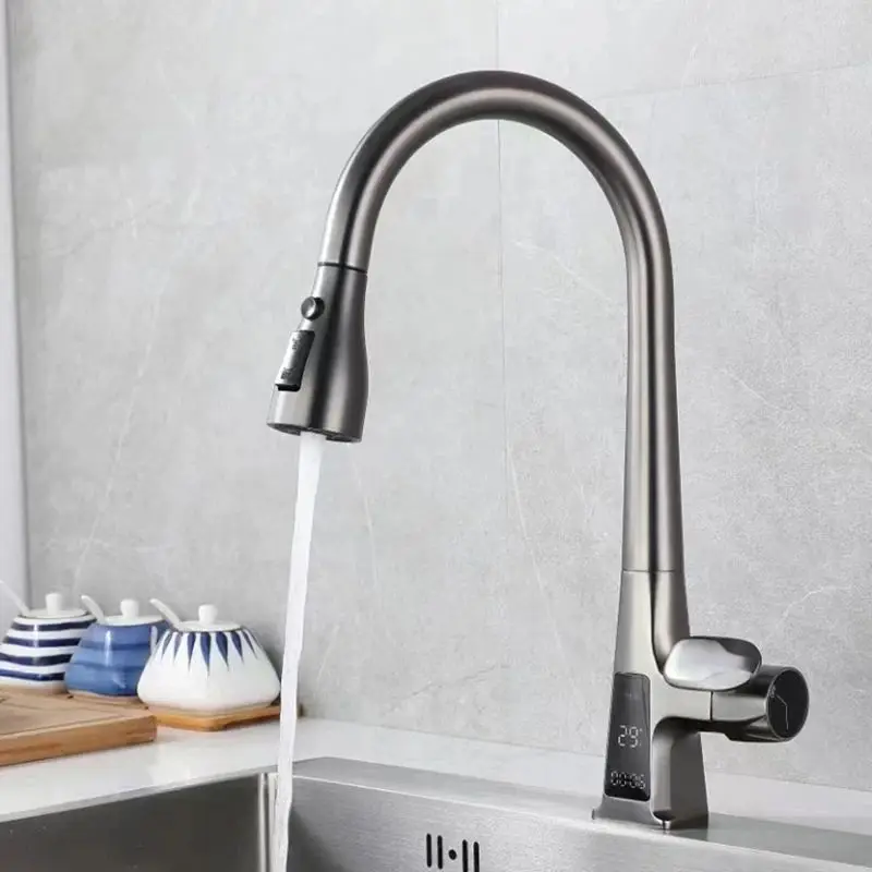 Grey Pull-out Kitchen Sink Faucet Temperature Display Brass Hot And Cold Mix Faucet 360° Rotating Splash Proof Sink Taps