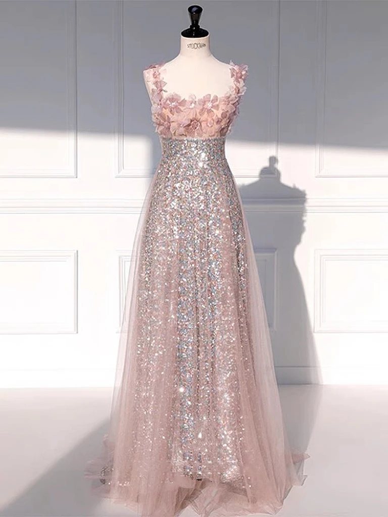 Luxury Pink Bridesmaid Dresses Spaghetti Strap Floral Sequins Shiny Applique Beading Floor A-line Woman Party Prom Gowns Saudi