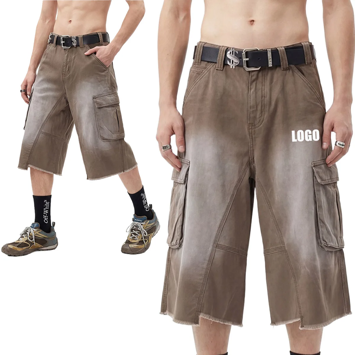 

Мужские шорты с индивидуальным логотипом, 310 г, 100% хлопок, летние, в американском уличном стиле, с множеством карманов, винтажные, с эффектом потертости, свободного кроя, в стиле рабочей одежды, удлиненные (7/8).