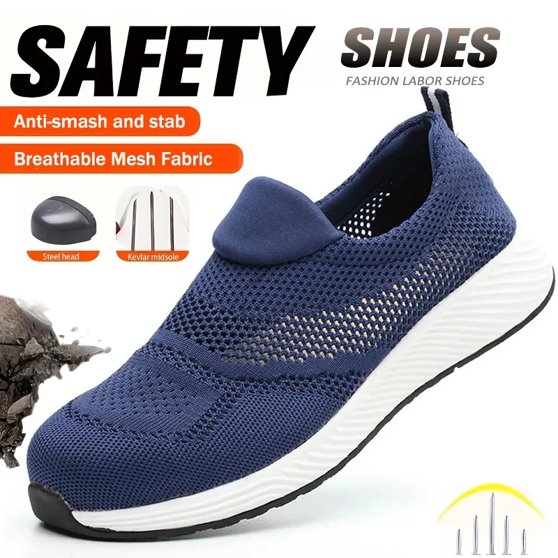 Safety Shoes Men Summer Breathable Work Sneakers Steel Toe Cap Anti-smash Puncture-Proof Work Boots Indestructible Shoes