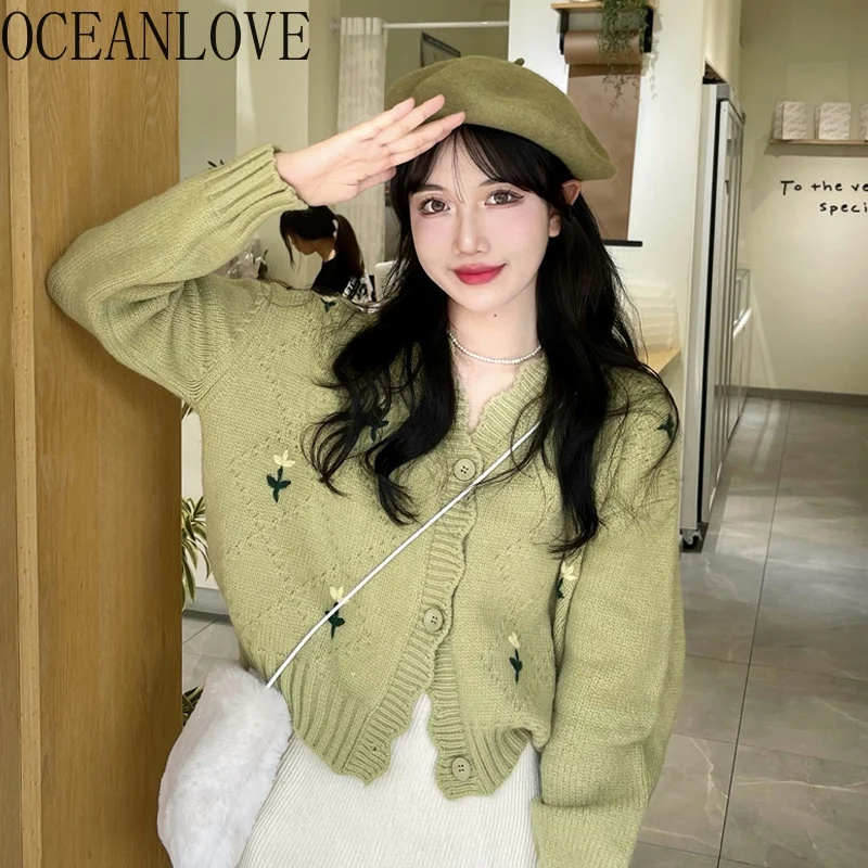 OCEANLOVE Short Cardigans Sweet Embroidered Floral Japan Style Women Sweaters Kawaii V Neck Green Autumn Winter Chaquetas