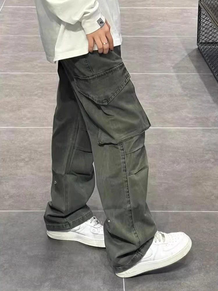 

American High Street Vibe Men's Workwear Pants Straight Leg with Big Pockets Crease Sensation Trendy Brand Long Pants