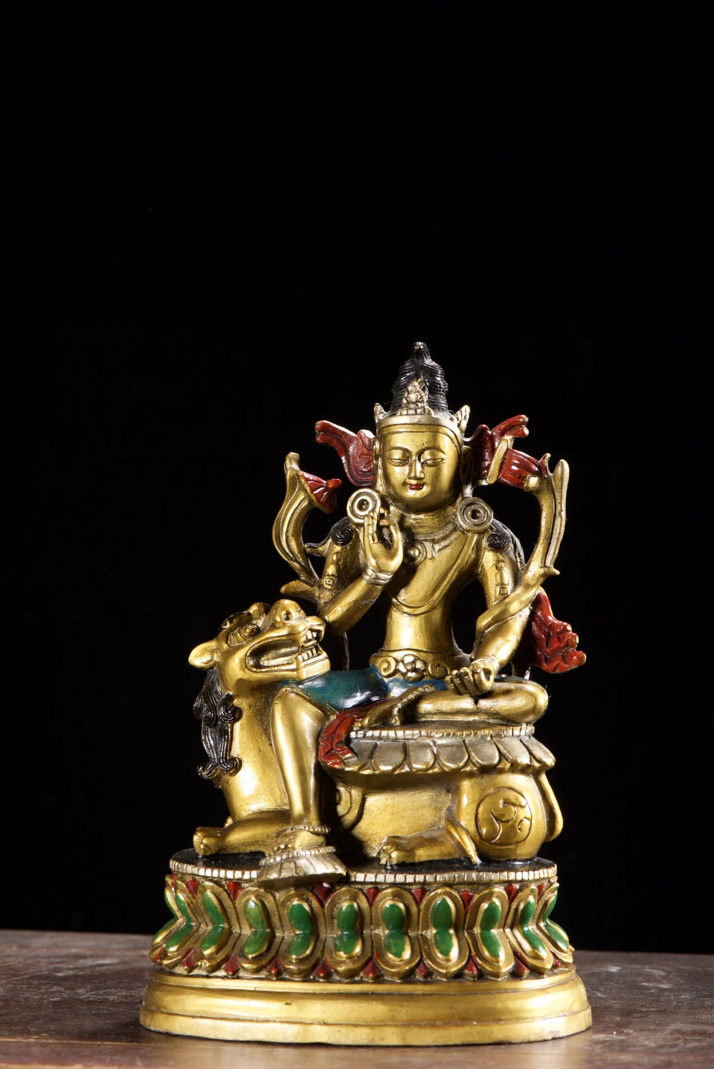 

9-дюймовая статуэтка из старинной бронзы: Бодхисаттва Манджушри на мифическом звере, сидящий Будда Амитабха, Будда Вэньфан, для накопления богатства, декоративные украшения.