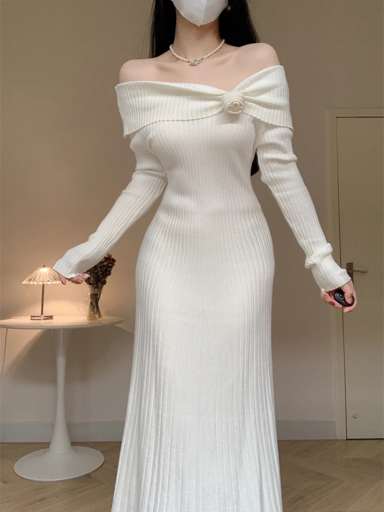 Women Sexy Off Shoulder Knitted Dress Autumn Winter Vintage Long Sleeve A-line Elegant Long Dresses Ladies Sweater Long Robe