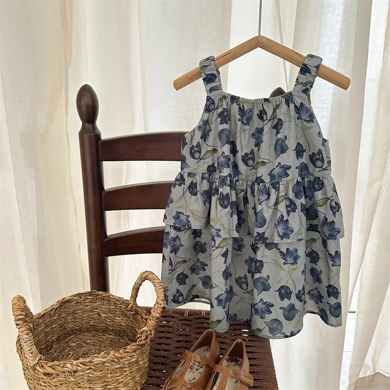 

2024 Summer Korean Children's Clothing Girls Children's Baby Cotton Floral Suspender Dress Fashion Casual