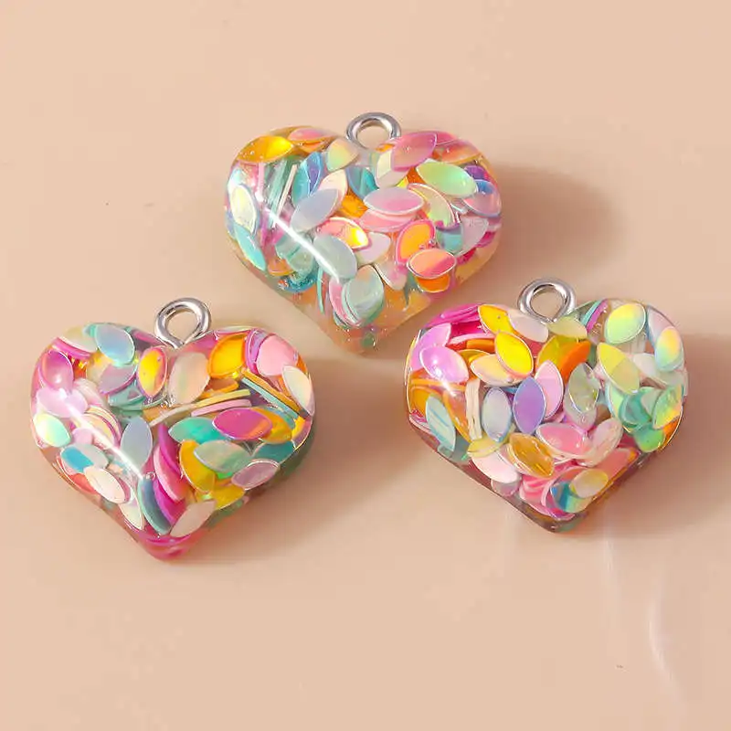 10pcs 18*19mm Resin Sequin Love Heart Charms Pendants for DIY Necklace Earrings Bracelet Jewelry Accessories Supplies