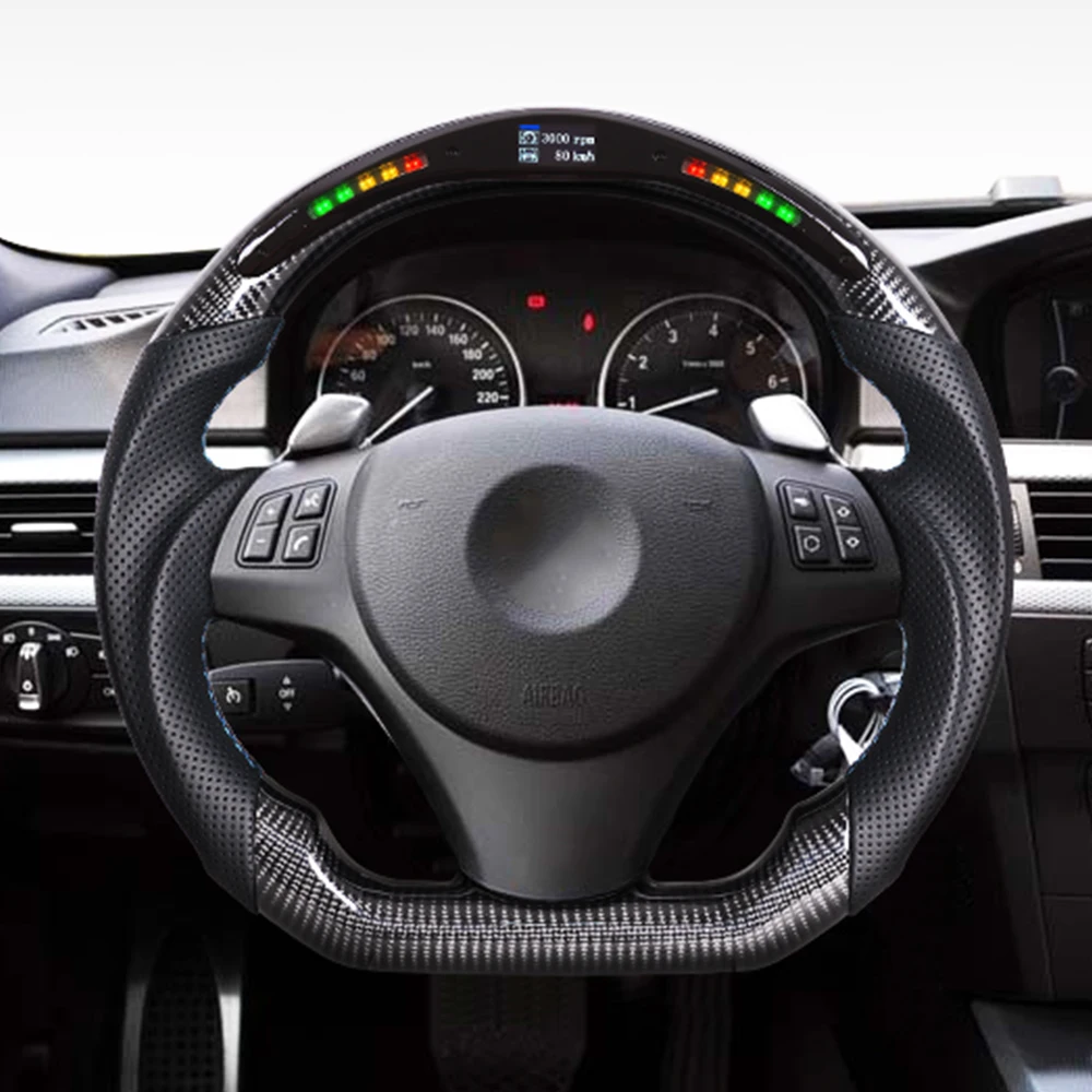 D-Shaped LED Carbon Fiber Steering Wheel With Paddle Shifter Holes M Color Stitching Racing Car Accessories Fit For BMW E82 E87 E90 E91 E92 E93 M3