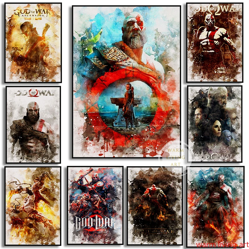 God of War Game Watercolor Figure Warrior Print Art Canvas Poster For Living Room Decor Home Wall Picture