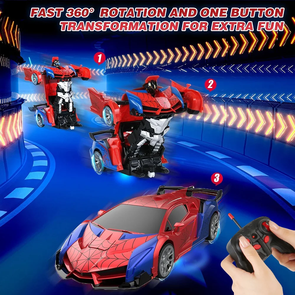 Brinquedo robô de carro transformador RC escala 1:18 luz LED 2,4 GHz transformação de um botão 360 °   Presente infantil recarregável com deriva rotativa