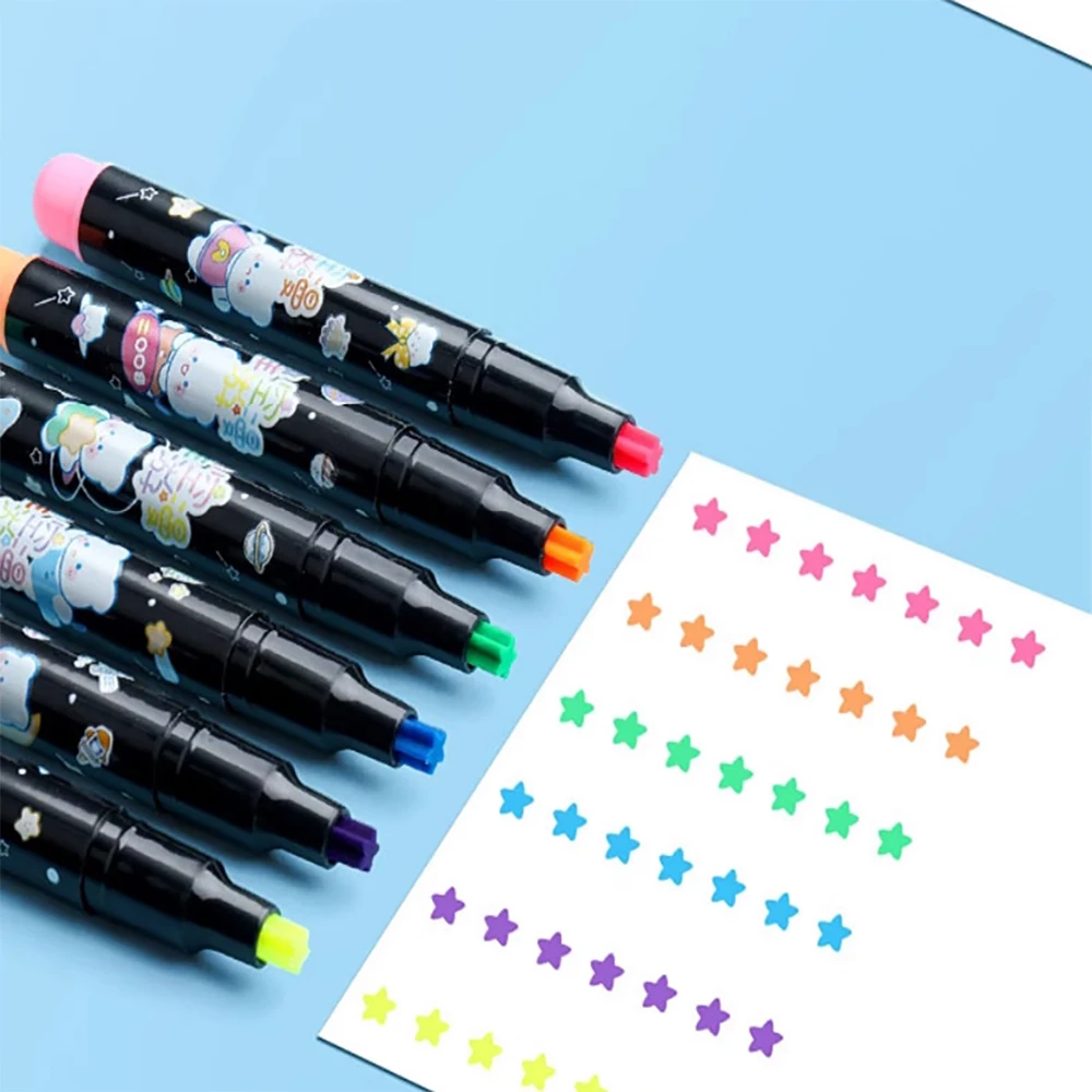 6Pcs/set Cute Star Stamp Highlighter Color Art Marker DIY Hand Account Pen Office Stationery Student School Drawing Supplies