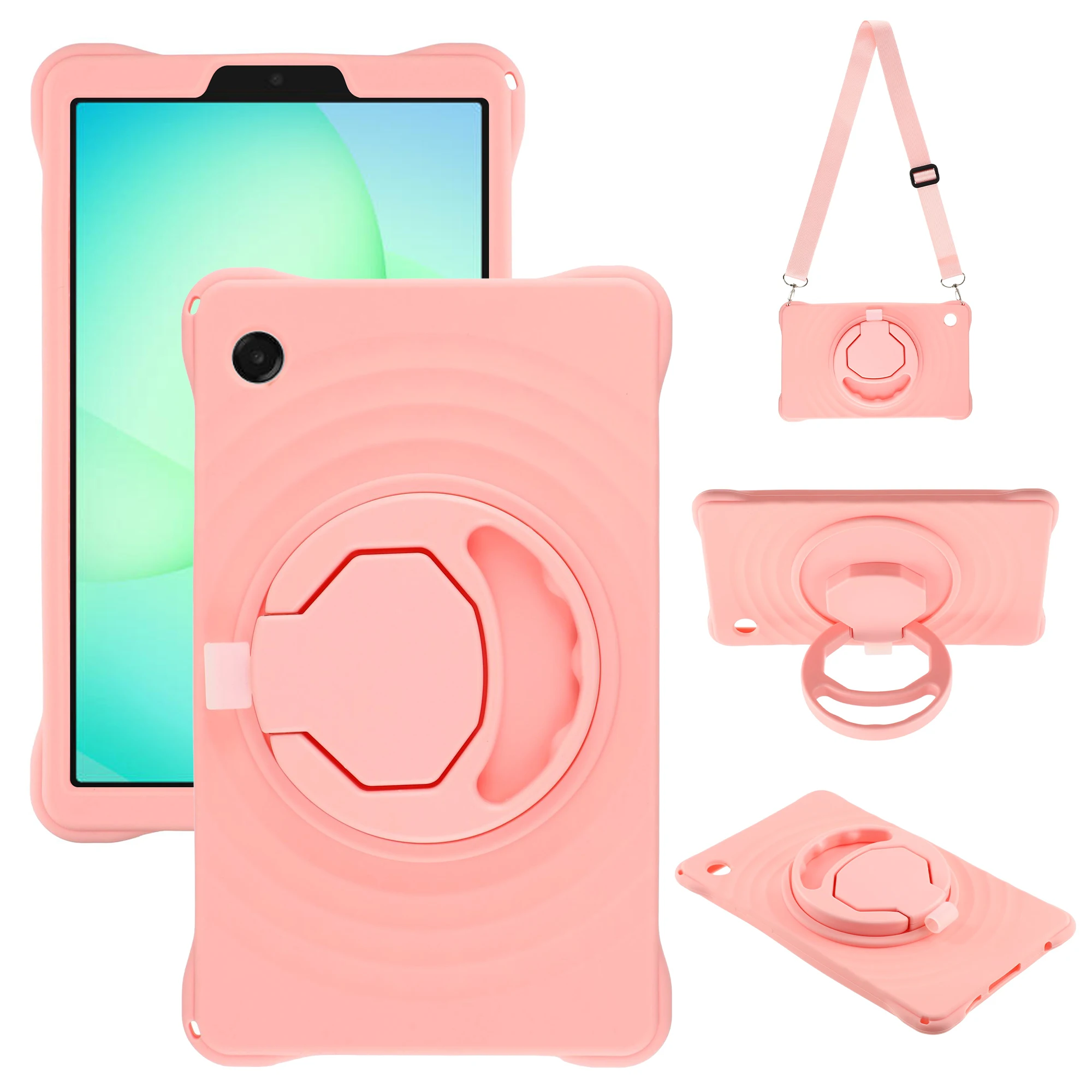 For Samsung Galaxy Tab A11 / Tab A9 Case Kickstand Ripple Texture Silicone Protective Cover with Shoulder Strap - Pink