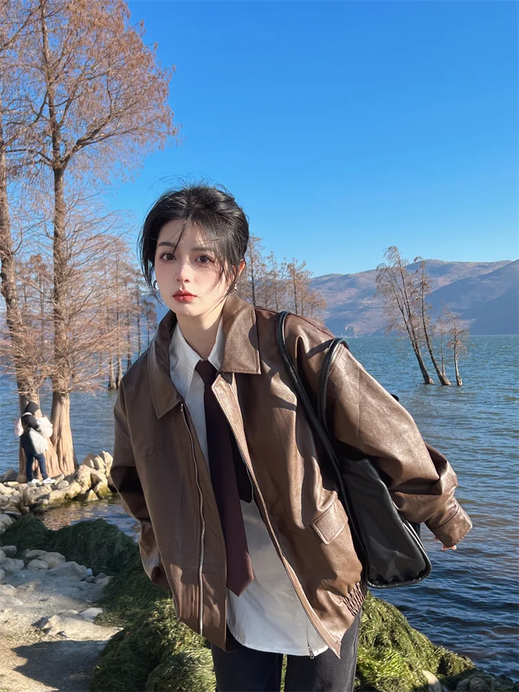 Black Motorcycle Short Leather Jacket Women's 2026 New Style Spring Autumn Trendy Small Size Commute Wind Loose Fit