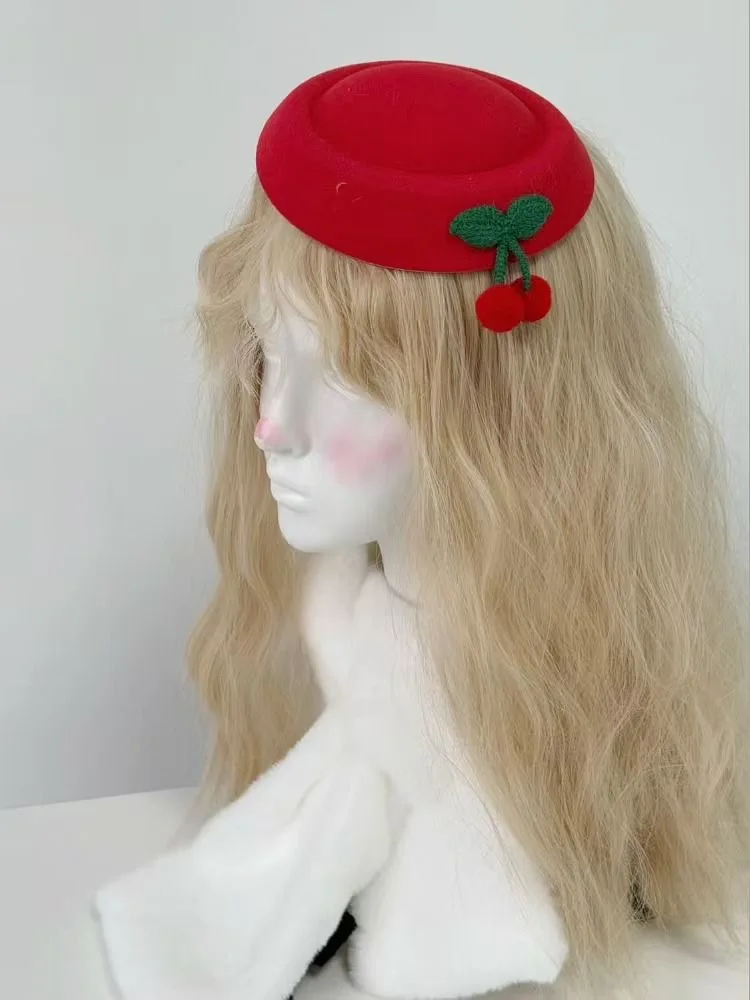 Retro Elegant Small Red Hat With Cherry Hair Clip Lady Party Hair Clip Lolita Subculture Janpanese Style Hairpin for Girl